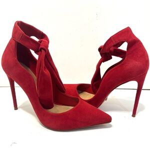 SCHUTZ DELZA Red Suede Ankle Tie Front Heels Pumps 8B Perfect